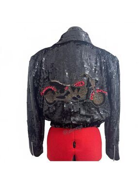 Vintage Just Fabulous Women's Black Beaded Sequin Motorcycle Jacket Size S